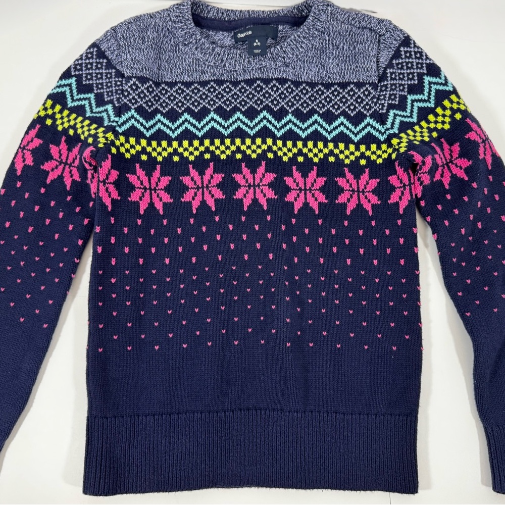 Gap Kids Navy Fair Isle Sweater with Pink, Aqua & Neon Yellow Accents S (6-7)